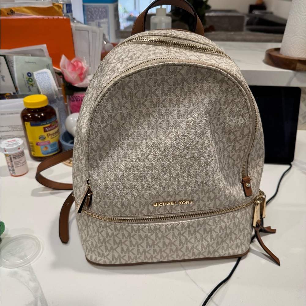 Michael Kors Cream Monogram Backpack with Brown Accents